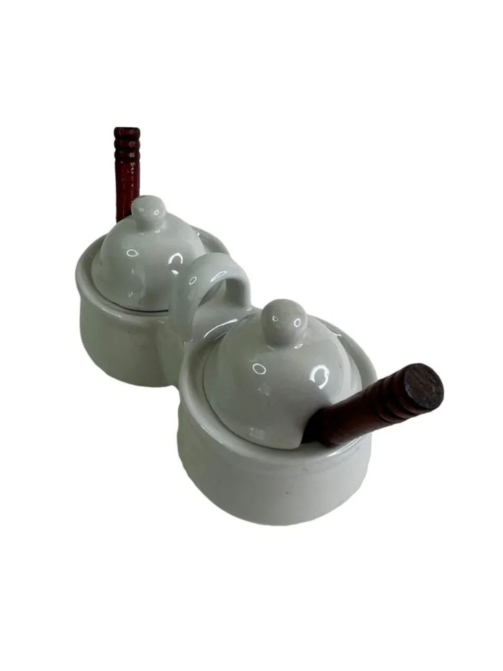 Vintage Houston Harvest White Ceramic Double Condiment Server Set Wood Spoons